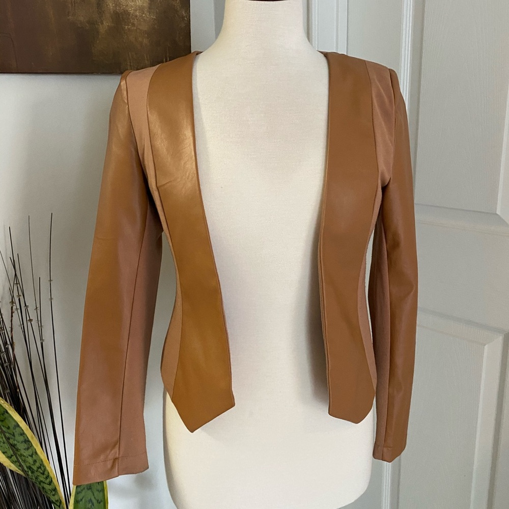 Tan faux leather cardigan blazer jacket